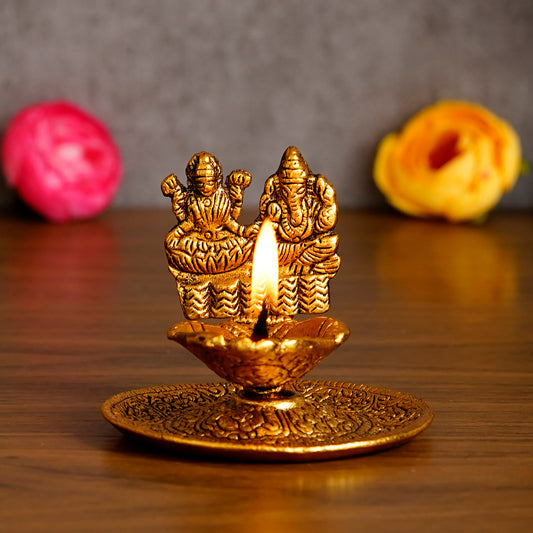 eCraftIndia Goddess Laxmi & Lord Ganesha Golden Metal Diya - TRENZY CART