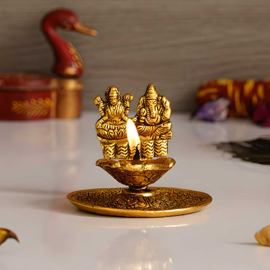 eCraftIndia Goddess Laxmi & Lord Ganesha Golden Metal Diya - TRENZY CART