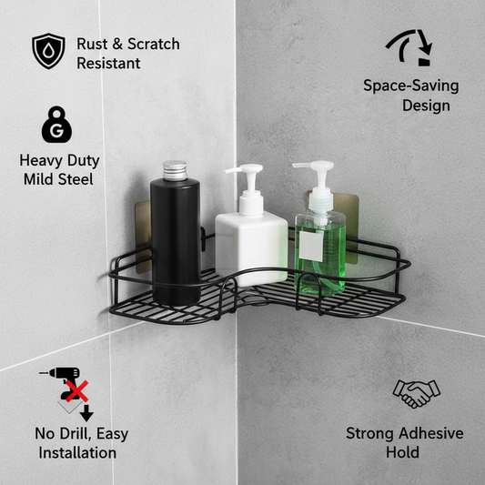 TrenzyCart Self-Adhesive Black Metal Wall Mounted Bathroom Shelf Corner Pack of 1